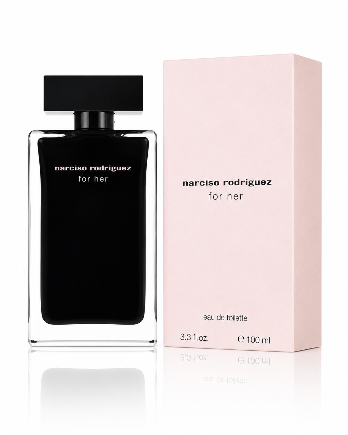 Narciso Rodriguez for her Eau de Toilette bottle in a clear glass container with a black liquid and black cap, shown next to its light pink packaging box on a white background. 3.3 OZ EDT