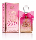 Juicy Couture Viva La Juicy Rose Eau de Parfum bottle with a pink glitter body, clear cap, and pink ribbon bow next to its pink packaging box.