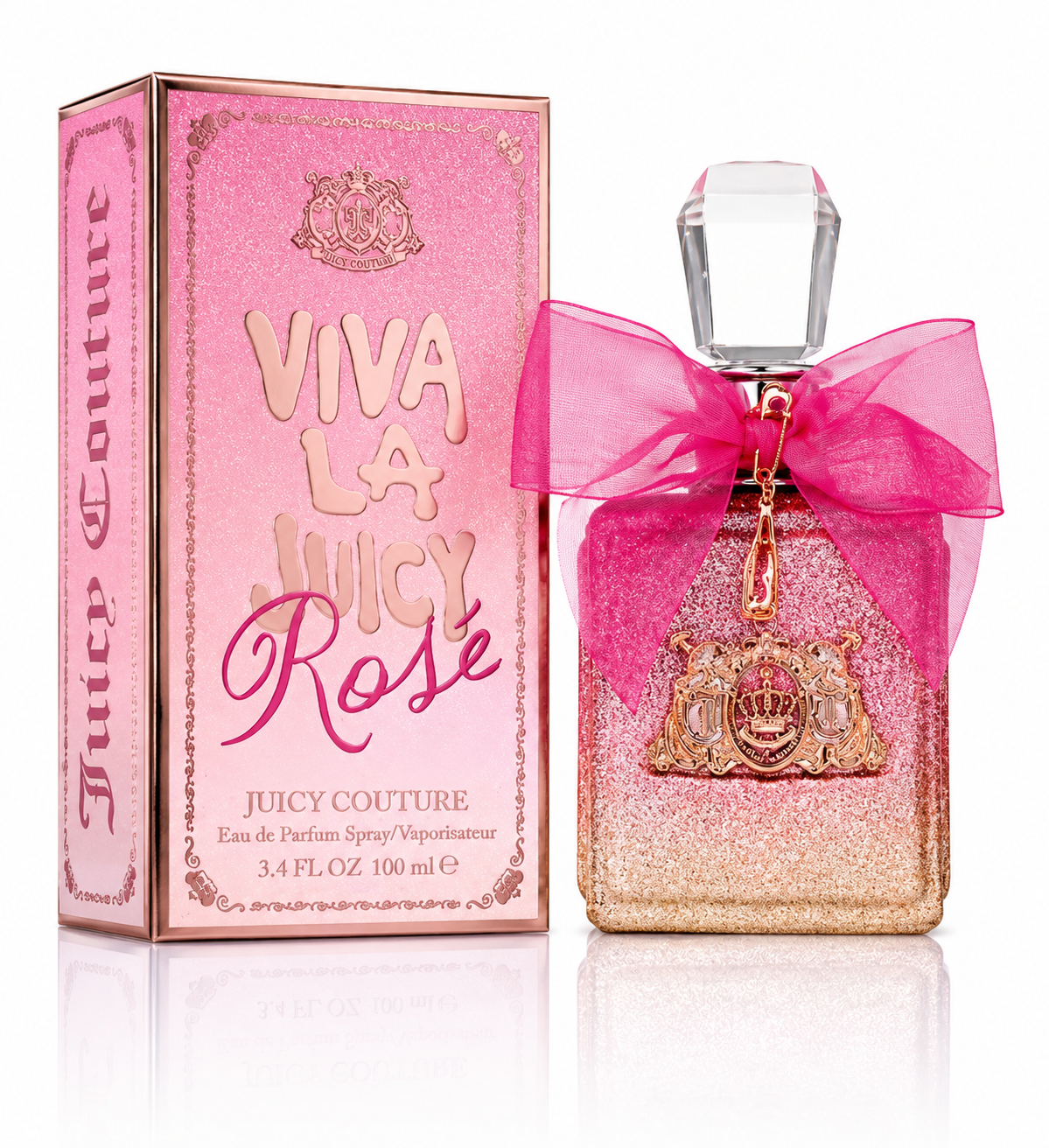 Juicy Couture Viva La Juicy Rose Eau de Parfum bottle with a pink glitter body, clear cap, and pink ribbon bow next to its pink packaging box.