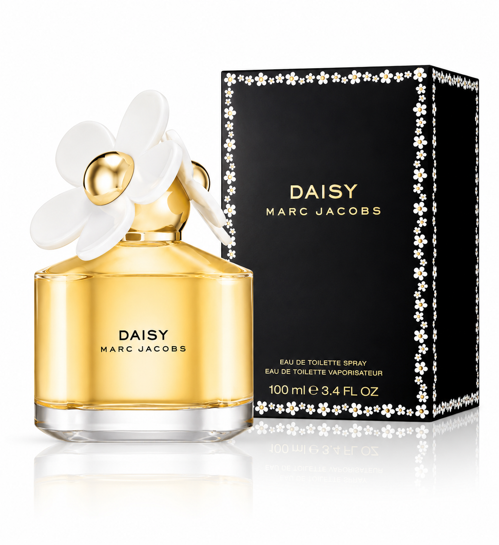Marc Jacobs Daisy Eau de Toilette spray bottle with a white flower cap next to its black packaging box decorated with white daisy borders. 3.4 OZ
