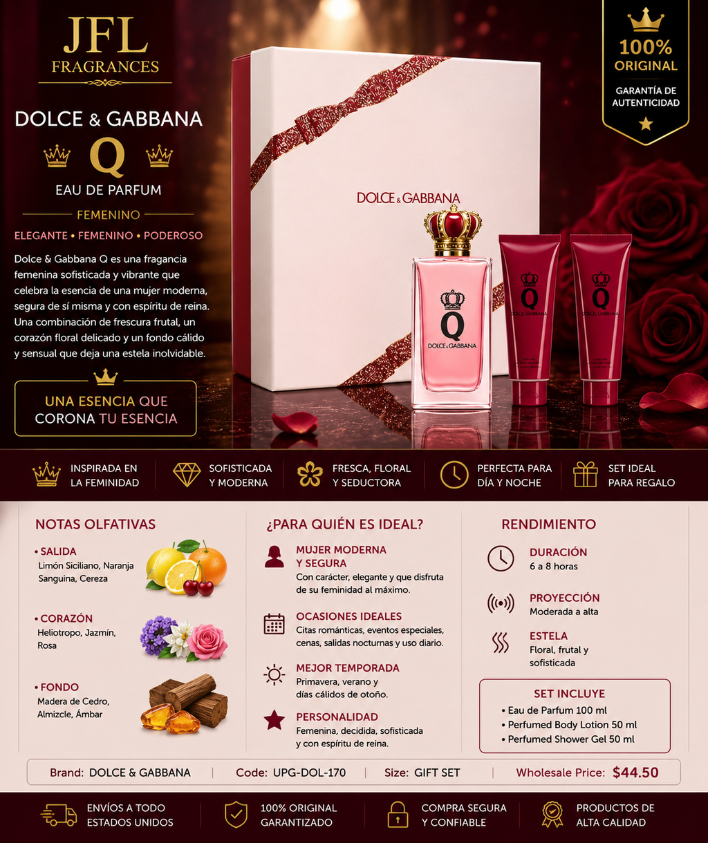 JFL Fragrances Dolce & Gabbana Q Eau de Parfum gift set, featuring a large pink and white box, two pink perfume bottles, and a shower bottle, with Spanish promotional text and product details on a dark red background.
