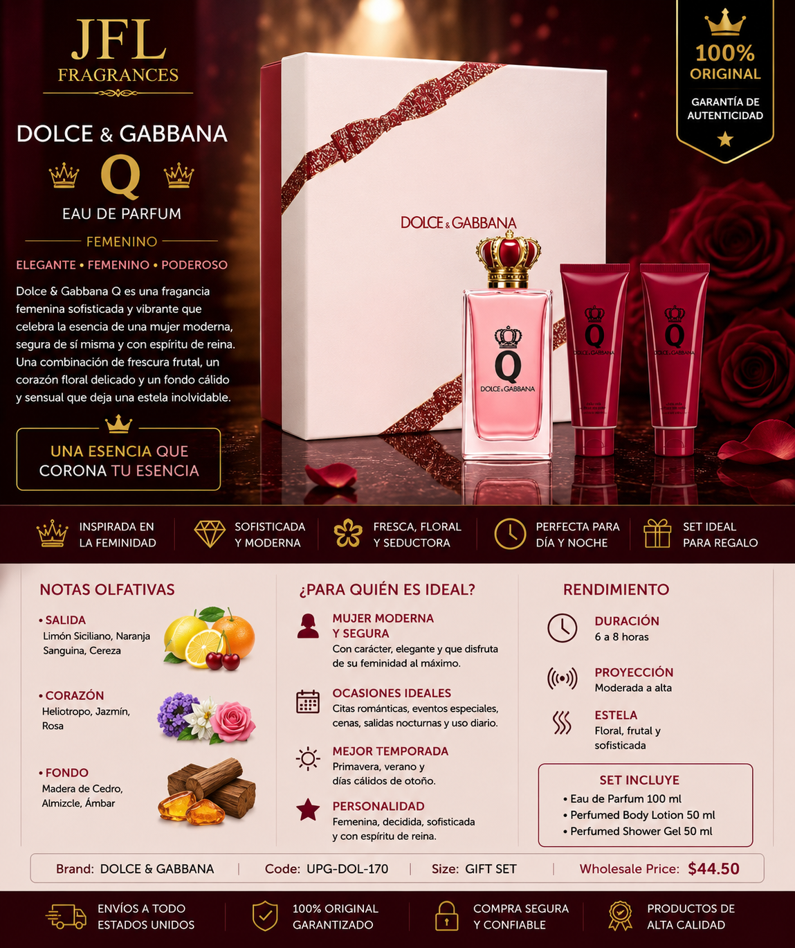 JFL Fragrances Dolce & Gabbana Q Eau de Parfum gift set, featuring a large pink and white box, two pink perfume bottles, and a shower bottle, with Spanish promotional text and product details on a dark red background.