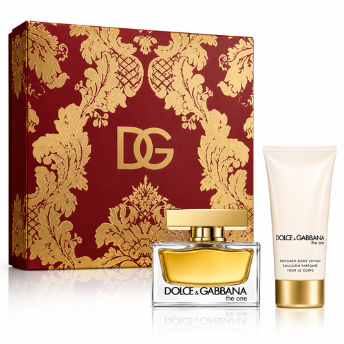 Dolce & Gabbana The One fragrance gift set featuring a red and gold patterned box, a clear glass perfume bottle with golden liquid, and a white body lotion tube with gold accents on a white background.