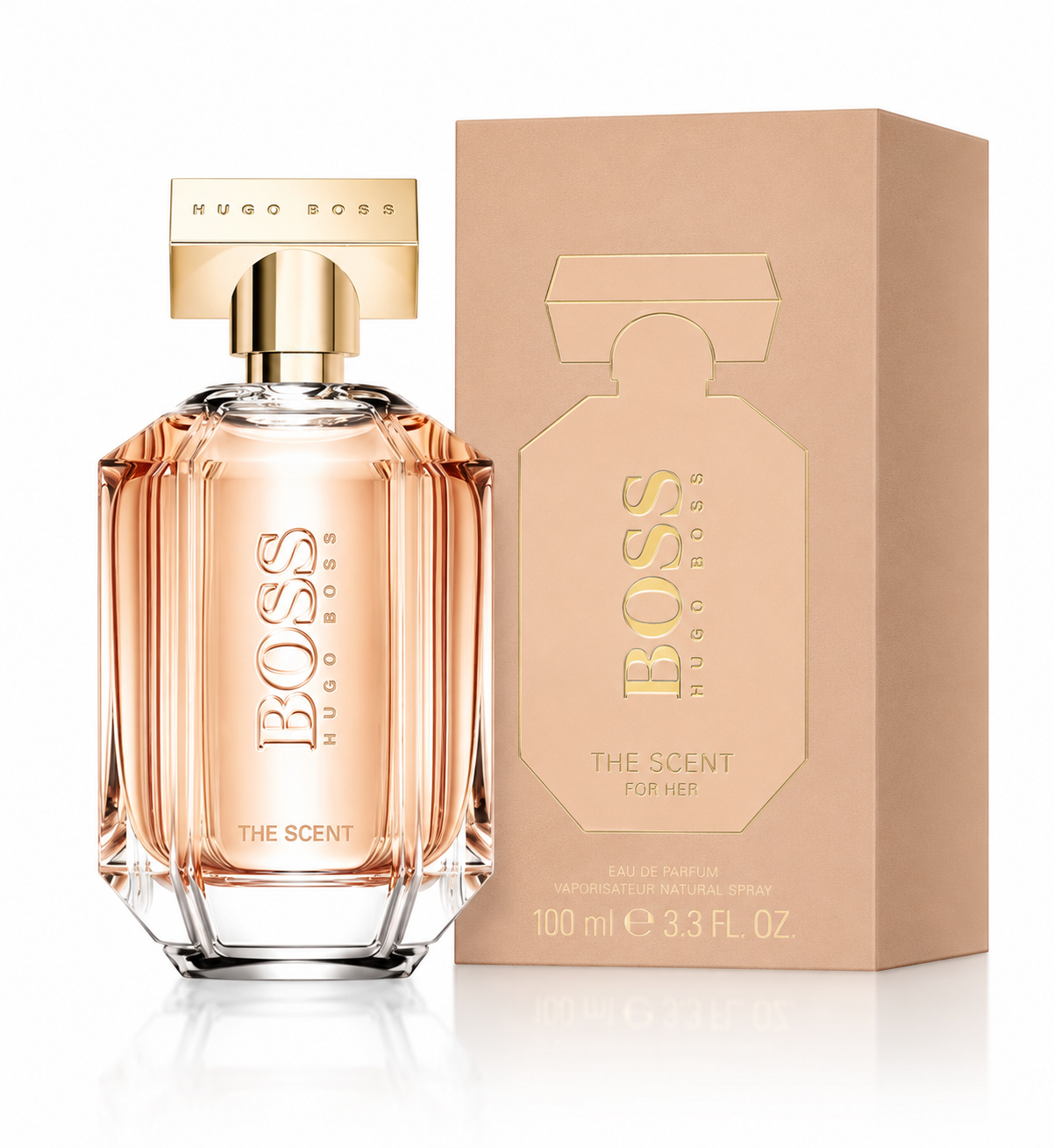 Hugo Boss The Scent For Her perfume bottle with a gold cap next to its beige packaging box, on a white background with a soft reflection.