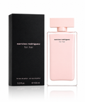 Narciso Rodriguez for her Eau de Parfum bottle in pale pink glass next to its black packaging box, on a white background with a soft reflection. 3.3 OZ EDP