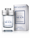 Bvlgari Man Rain Essence Eau de Parfum bottle and its packaging box, both in silver and navy blue, on a white background.