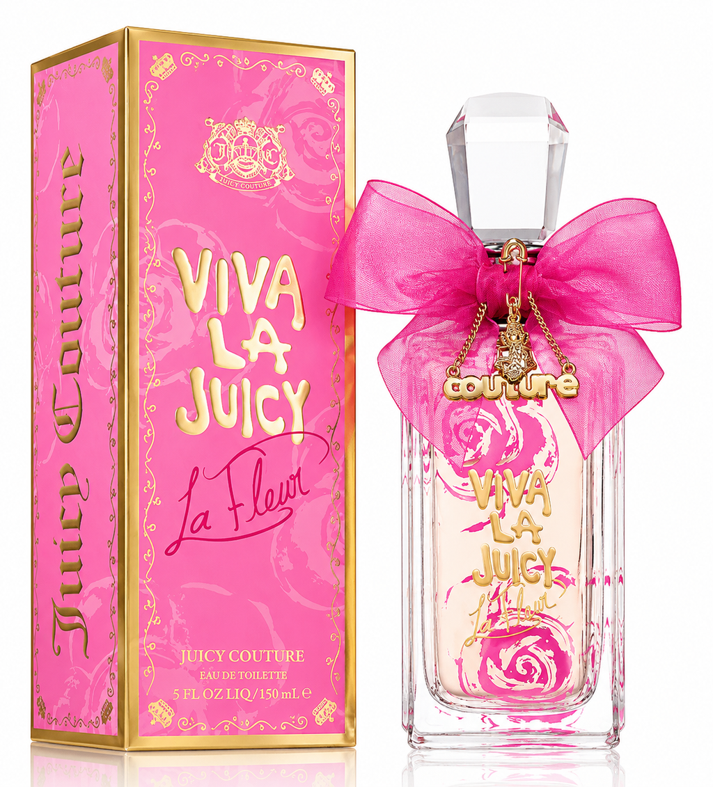 Juicy Couture Viva La Juicy La Fleur Eau de Toilette perfume bottle with a large pink bow and crystal cap, shown next to its pink and gold packaging box. 5.0 OZ