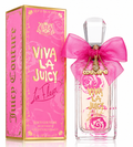 Juicy Couture Viva La Juicy La Fleur Eau de Toilette perfume bottle with a large pink bow and crystal cap, shown next to its pink and gold packaging box. 5.0 OZ