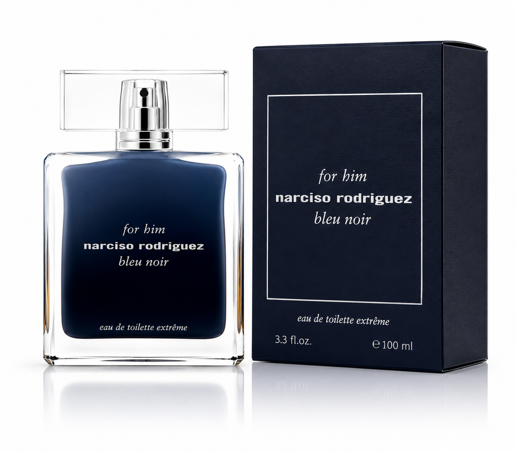 Narciso Rodriguez For Him Bleu Noir Eau de Toilette 100ml bottle next to its dark navy blue packaging box, on a white background with a soft reflection. 3.3 OZ EDT