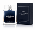 Narciso Rodriguez For Him Bleu Noir Eau de Toilette 100ml bottle next to its dark navy blue packaging box, on a white background with a soft reflection. 3.3 OZ EDT