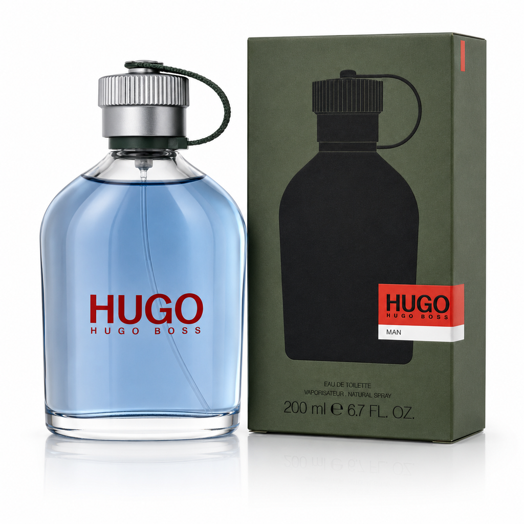 Hugo Hugo Boss Man Eau de Toilette 200ml bottle with light blue liquid next to its dark green packaging box, on a white background.