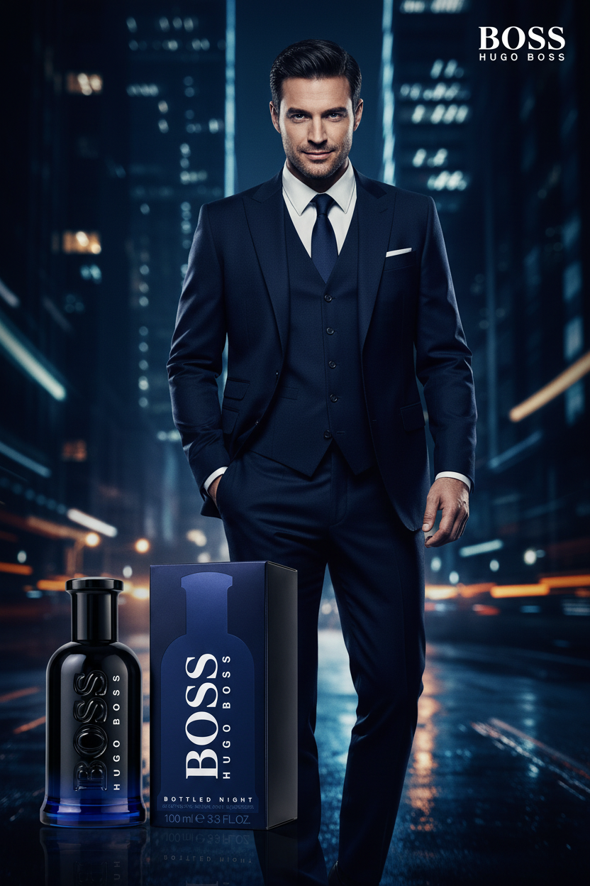 Hugo Boss Bottled Night Eau de Toilette bottle in dark blue glass next to its navy blue packaging box, on a white background with a soft reflection.