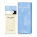 Dolce Gabbana Light Blue Eau de Toilette bottle next to its light blue packaging box, on a clean white background.
