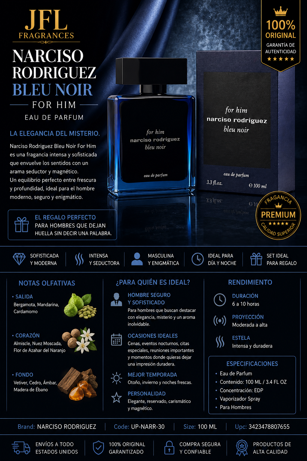 A promotional graphic for JFL Fragrances Narciso Rodriguez Bleu Noir Eau de Parfum, showing a blue rectangular perfume bottle and its black retail box on a dark blue background with Spanish text and feature icons. 3.3 oz EDP
