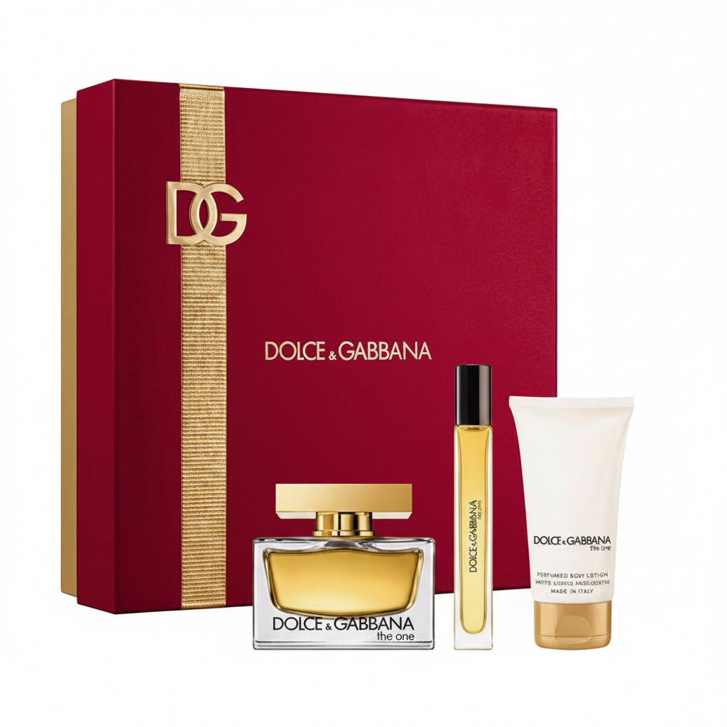 Dolce & Gabbana perfume set with red box on a white background