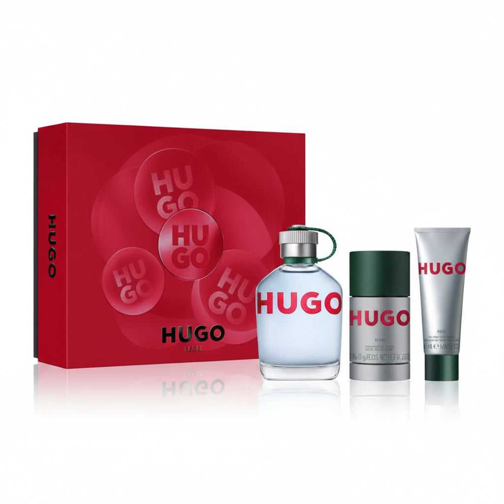Hugo Boss perfume set with red gift box, bottle, deodorant, and shower gel on a white background