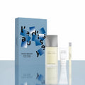 Issey Miyake perfume set with blue packaging and silver cap on a white background