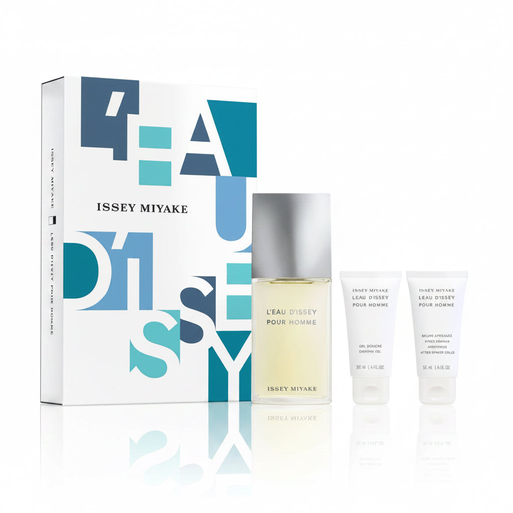 Issey Miyake perfume set with packaging and products on a white background