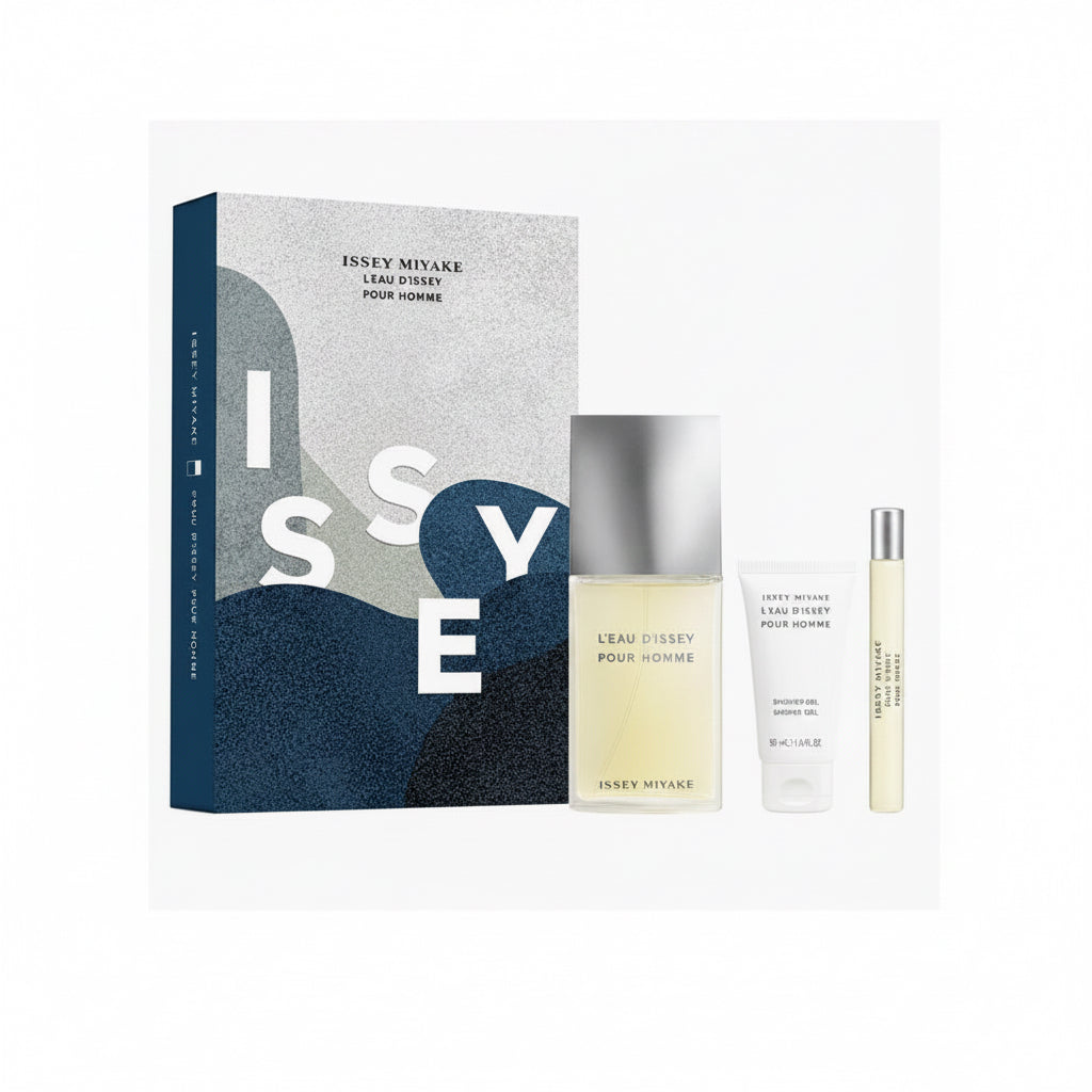 Issey Miyake perfume set with packaging and bottles on a white background