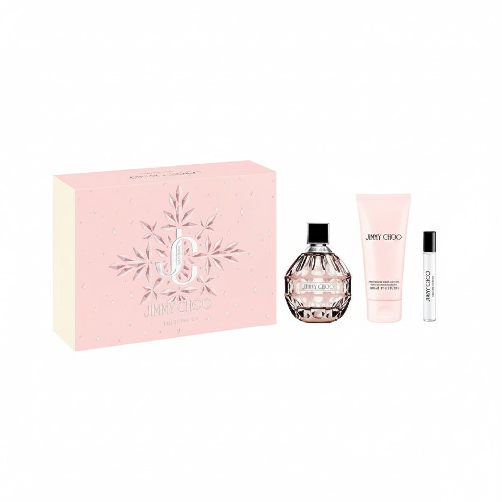 Jimmy Choo perfume set with pink packaging on a white background 3.3 OZ EDP/ 3.3 OZ BL/ 0.25 EDP